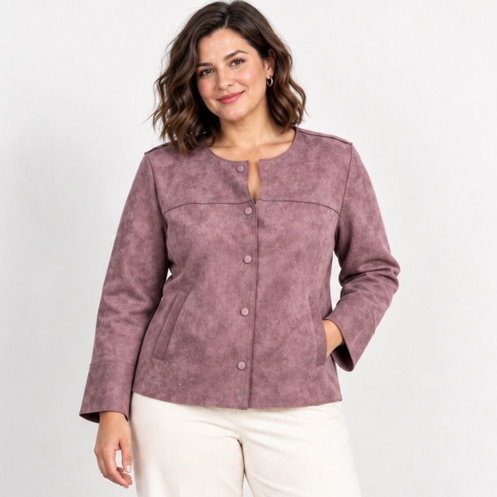 Chico's Faux Suede Jacket 3 Size 16/18 Mauve Purple Snap Front Collarless Pocket